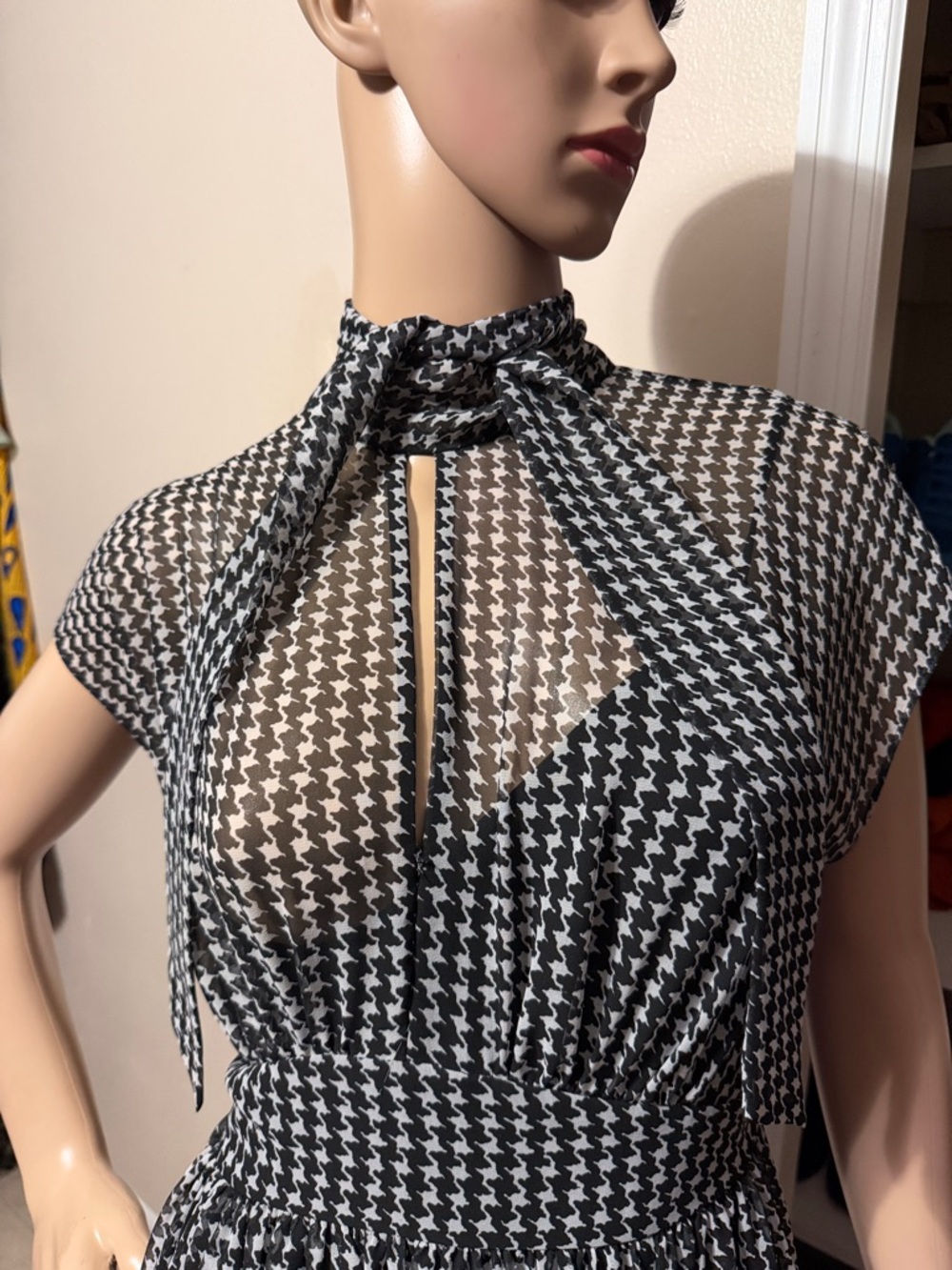 Black & White Houndstooth Maxi Dress with Tie Neck - Picture 2 of 11